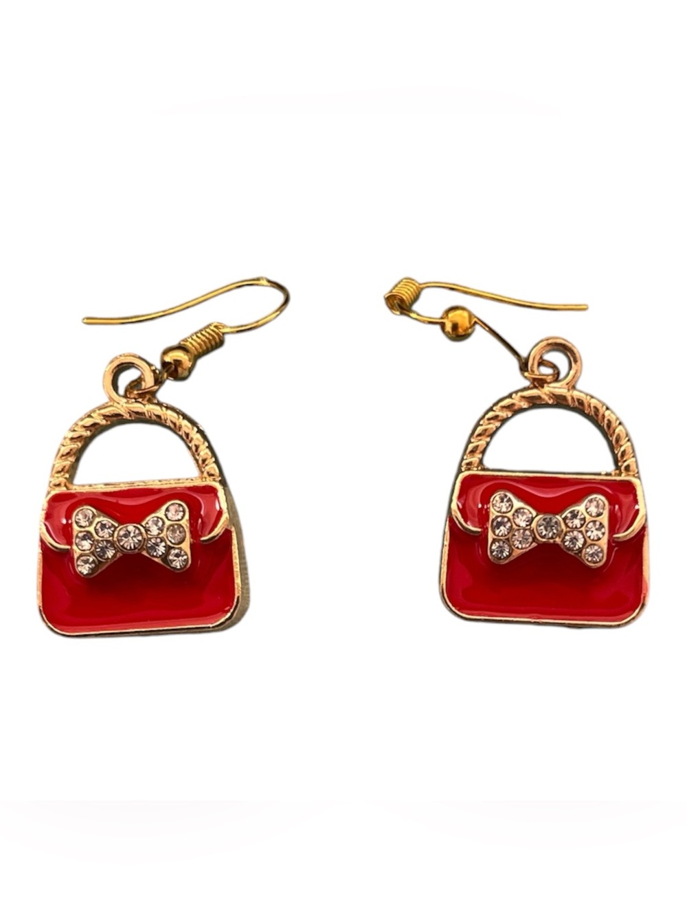 Gold-Tone Red Purse Drop Earrings with Crystal Bow Accent